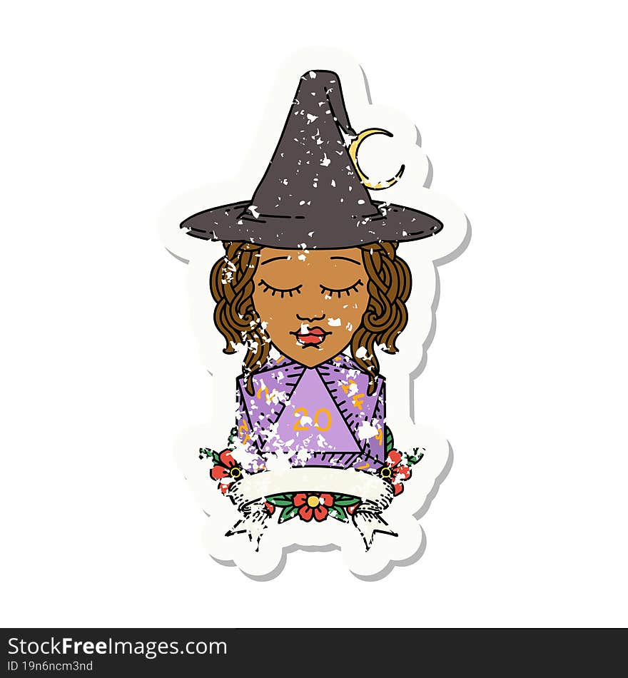 Retro Tattoo Style human witch with natural twenty dice roll. Retro Tattoo Style human witch with natural twenty dice roll