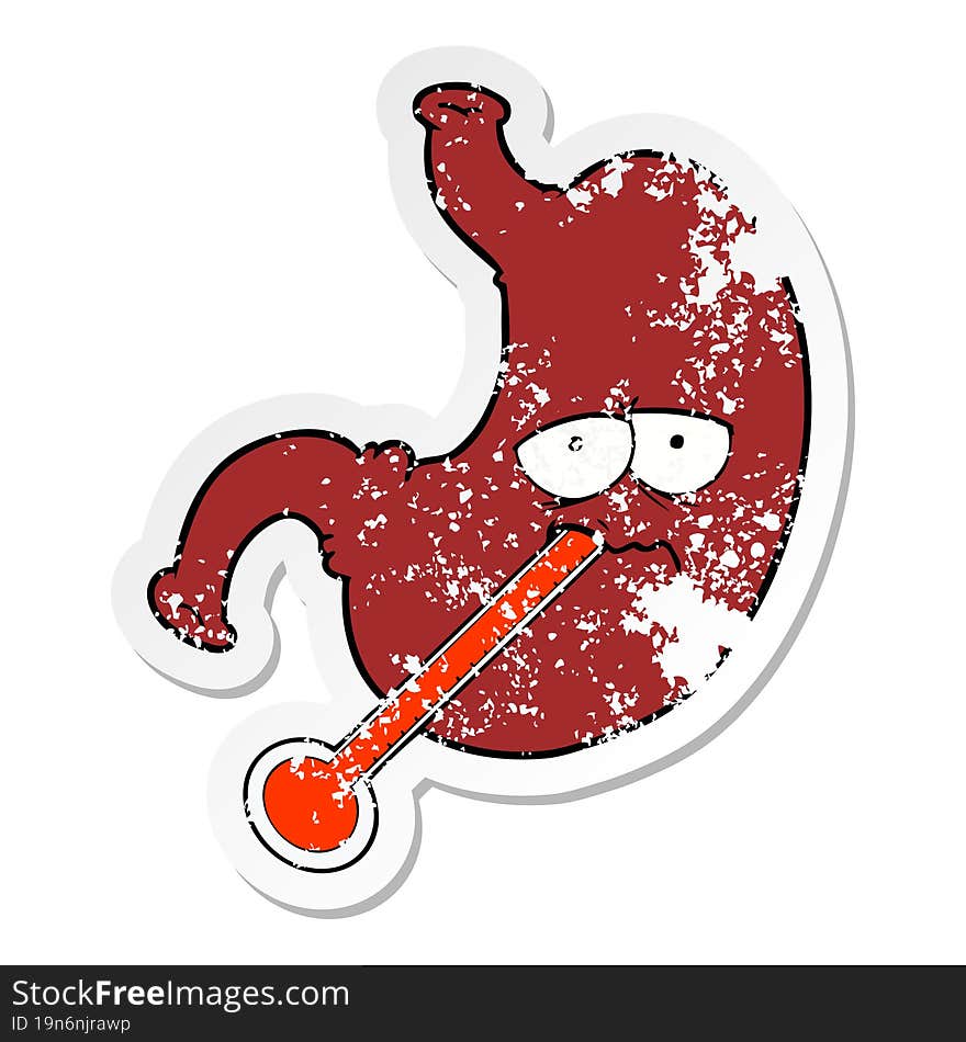 Distressed Sticker Of A Cartoon Upset Stomach