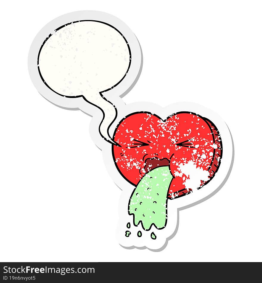 cartoon love sick heart with speech bubble distressed distressed old sticker. cartoon love sick heart with speech bubble distressed distressed old sticker