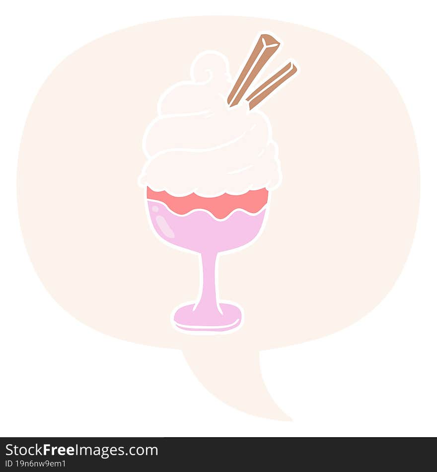 cartoon ice cream dessert and speech bubble in retro style