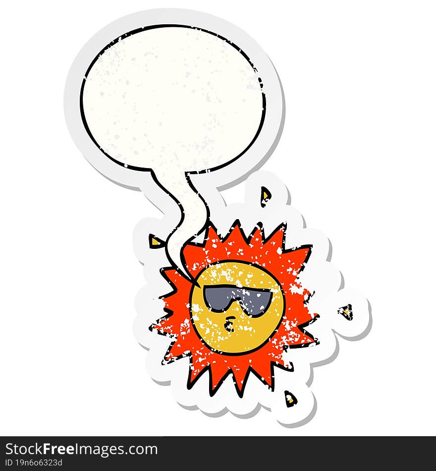 cartoon sun with speech bubble distressed distressed old sticker. cartoon sun with speech bubble distressed distressed old sticker