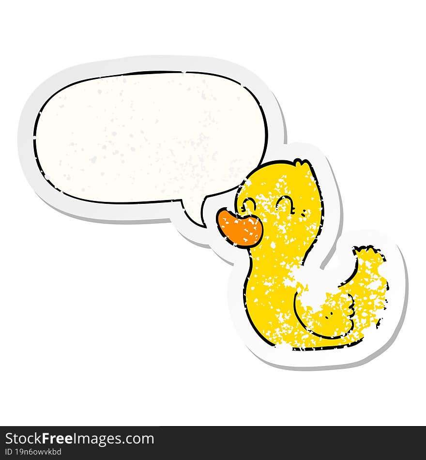 cartoon duck with speech bubble distressed distressed old sticker. cartoon duck with speech bubble distressed distressed old sticker