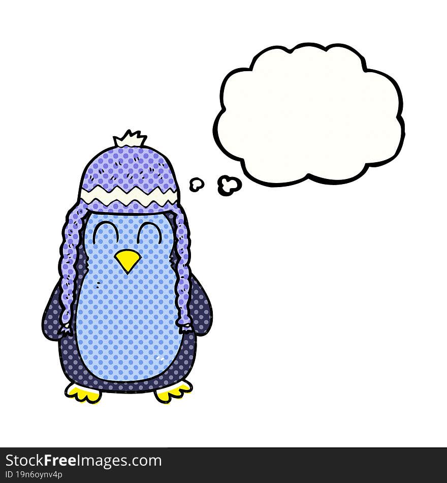 thought bubble cartoon penguin wearing hat