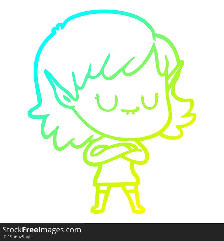 Cold Gradient Line Drawing Happy Cartoon Elf Girl