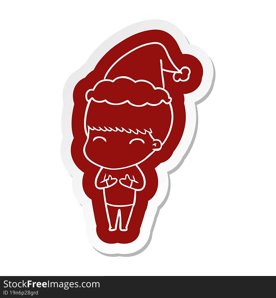 happy cartoon  sticker of a boy wearing santa hat