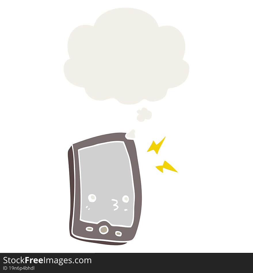 cartoon mobile phone with thought bubble in retro style