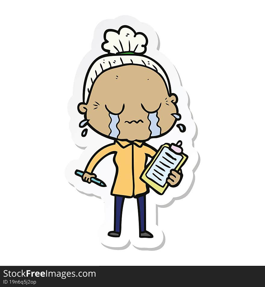 sticker of a cartoon crying old lady