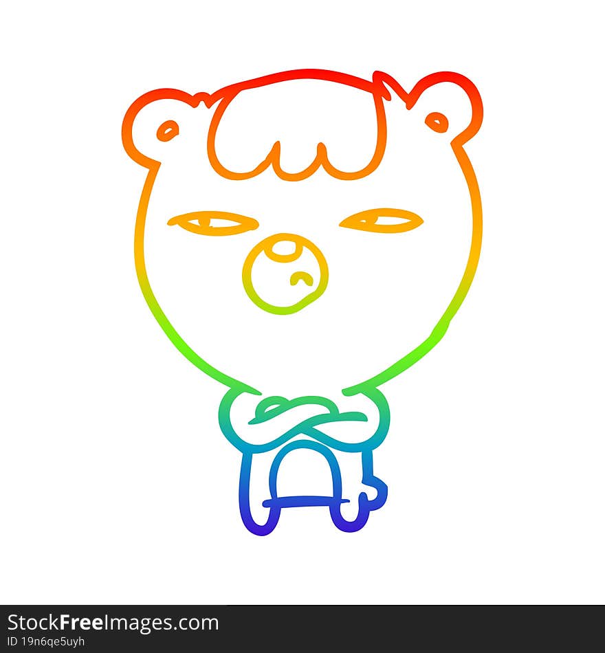 rainbow gradient line drawing of a annoyed bear with arms crossed