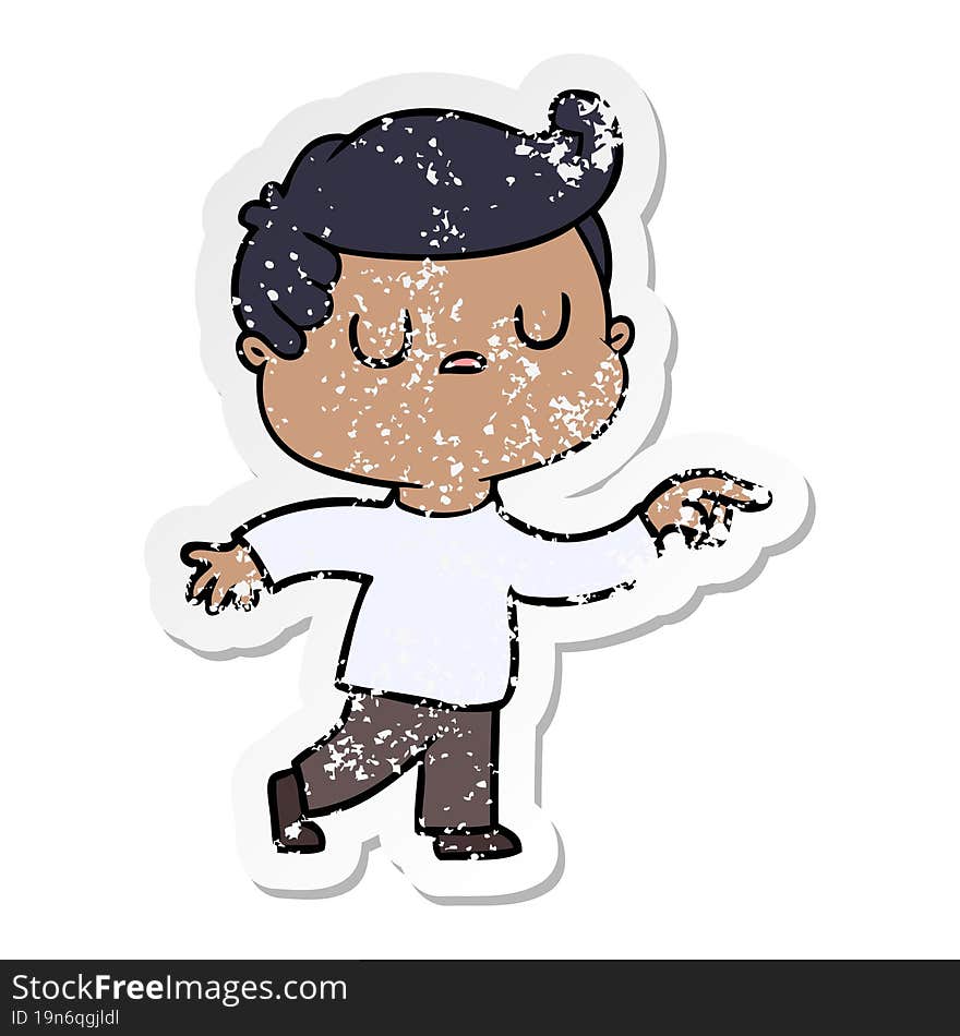 Distressed Sticker Of A Cartoon Aloof Man Pointing Finger