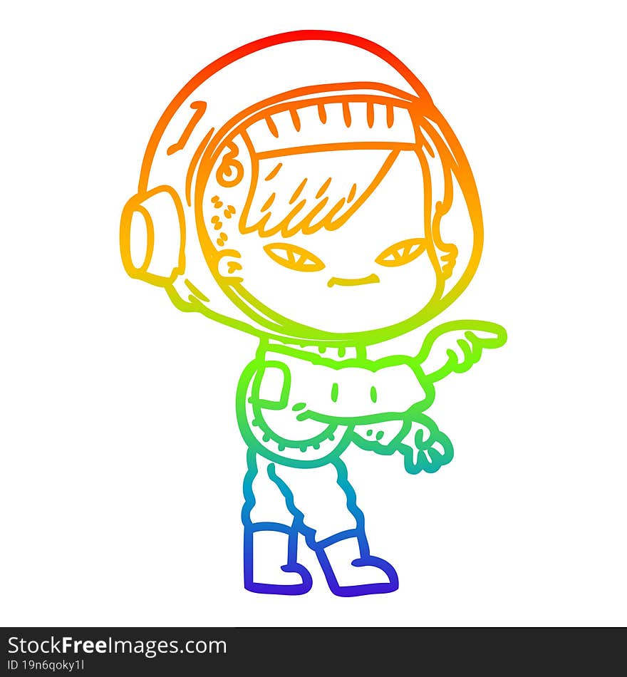 rainbow gradient line drawing of a cartoon astronaut woman