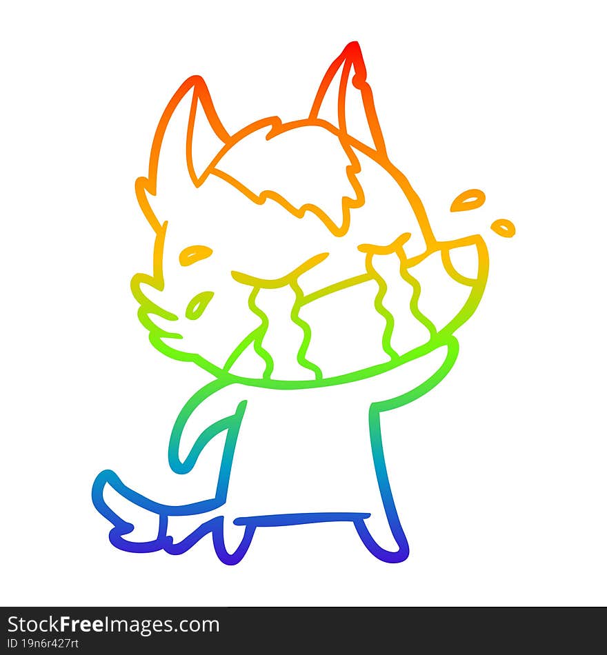 rainbow gradient line drawing of a cartoon crying wolf