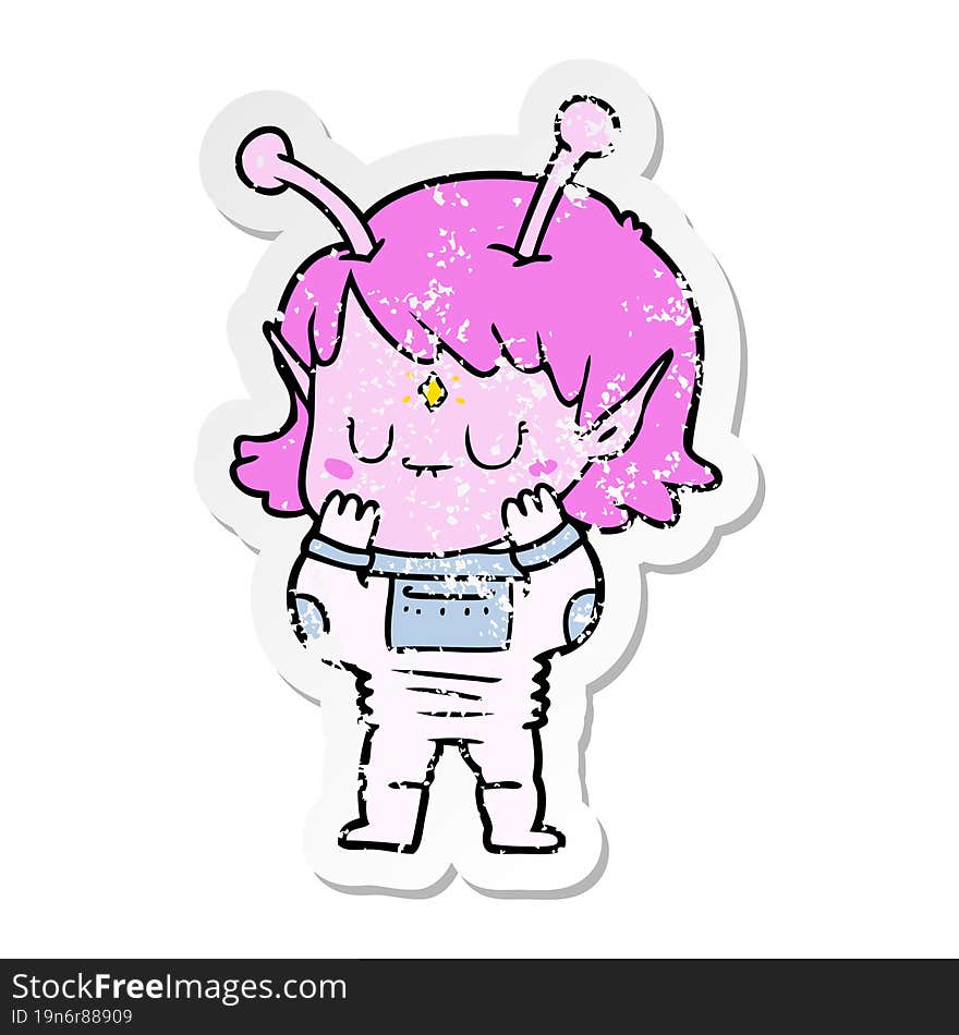 distressed sticker of a cartoon alien girl