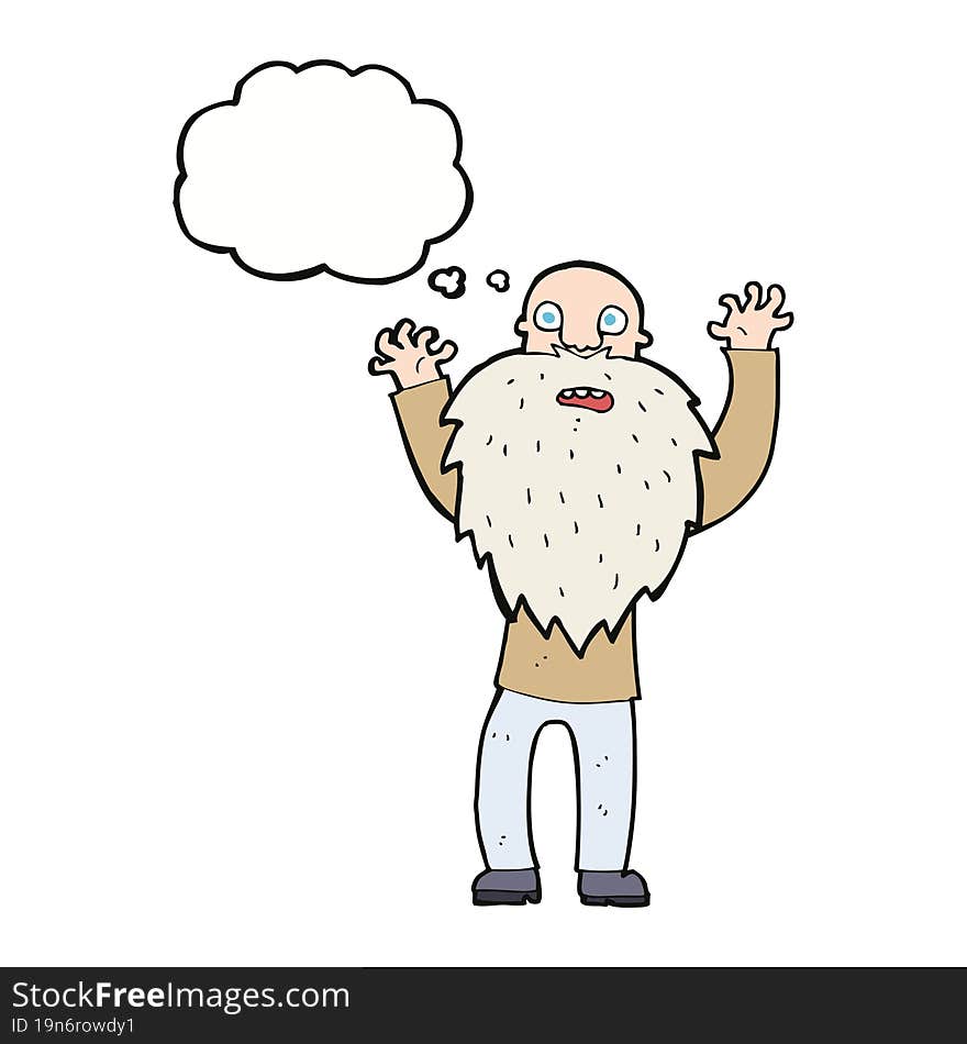 cartoon frightened old man with beard with thought bubble