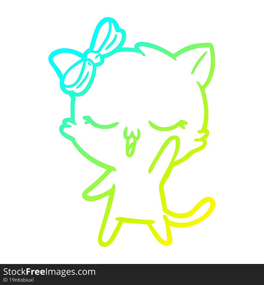 cold gradient line drawing cartoon cat with bow on head waving