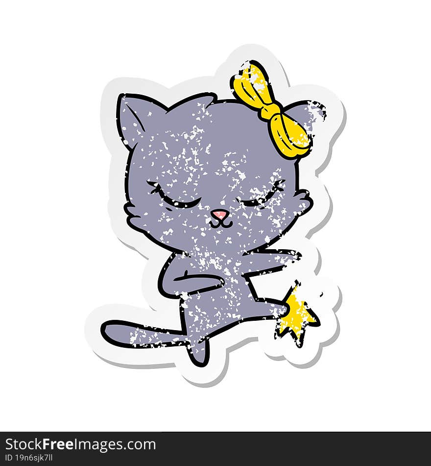 distressed sticker of a cute cartoon cat with bow