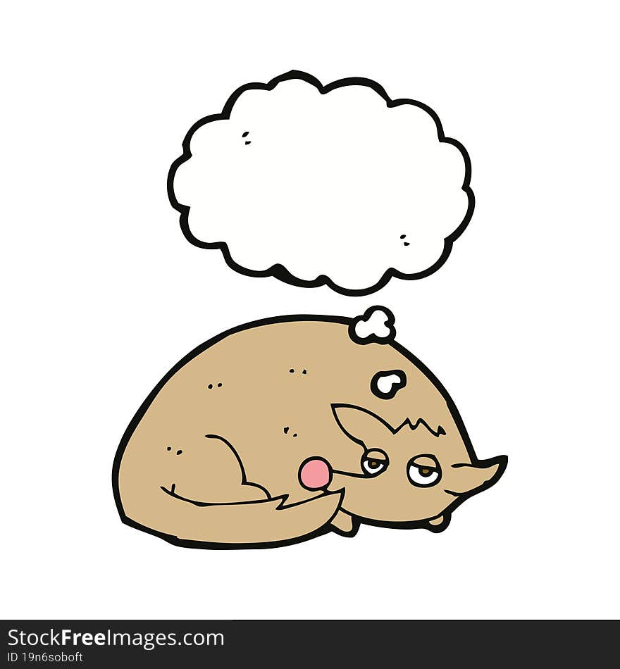 cartoon curled up dog with thought bubble