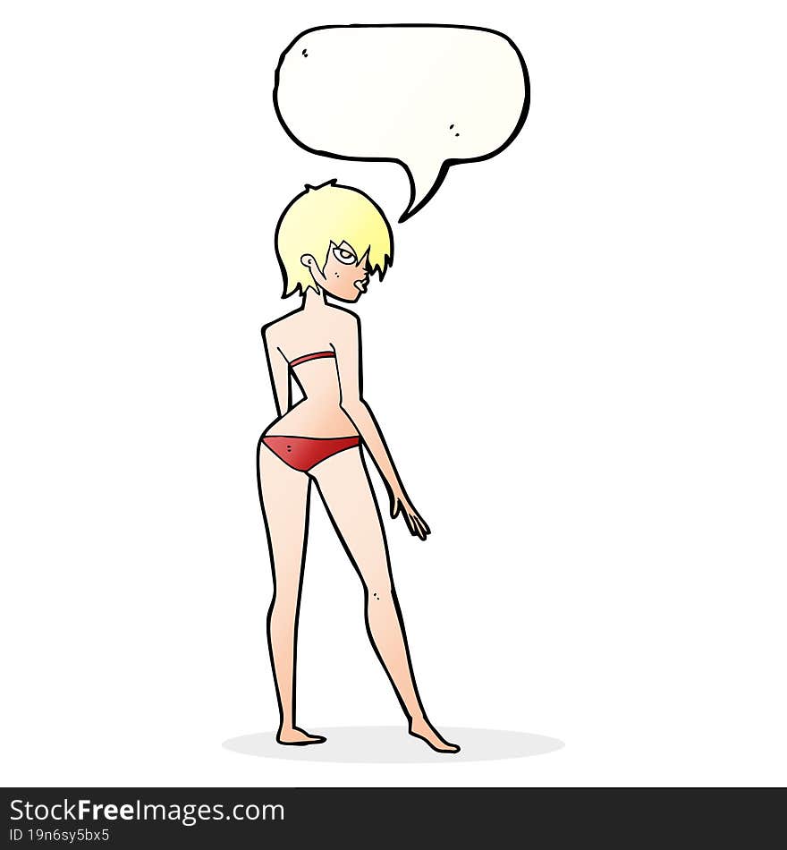 cartoon woman in bikini with speech bubble