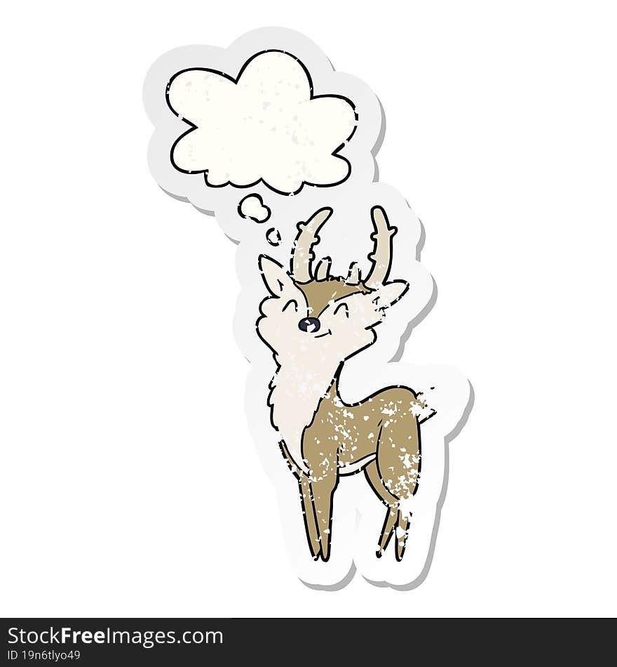 cartoon happy stag with thought bubble as a distressed worn sticker