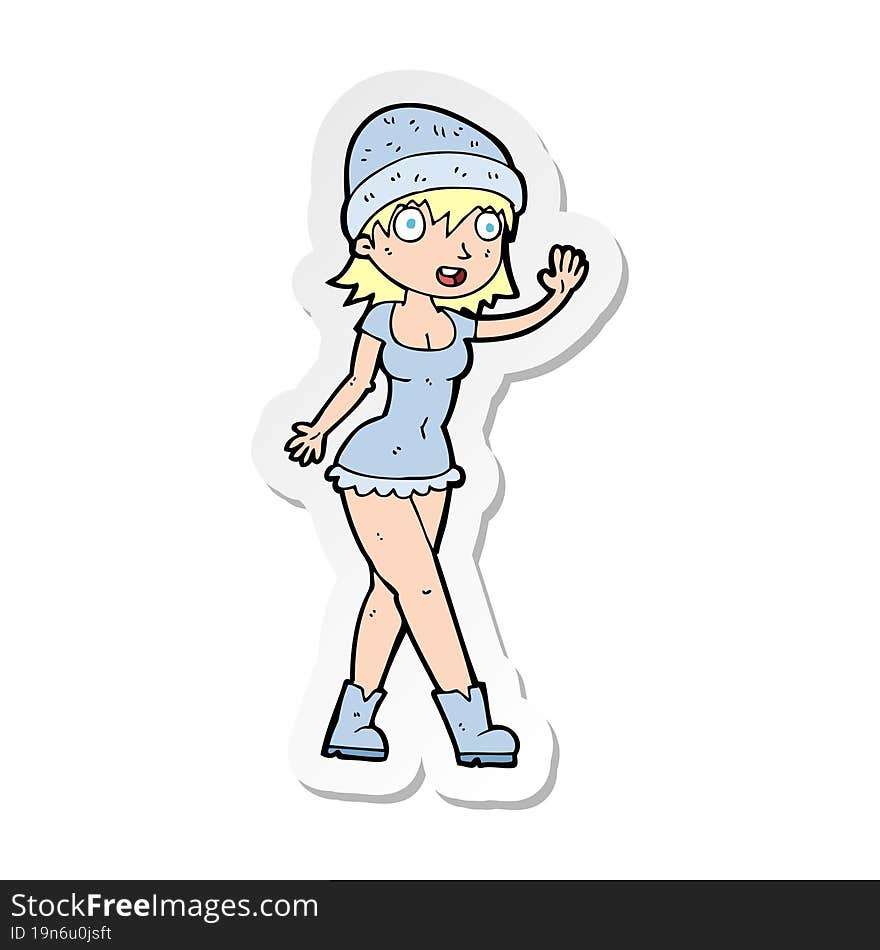 Sticker Of A Cartoon Pretty Girl In Hat Waving