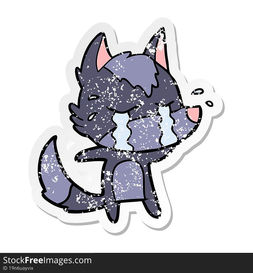 distressed sticker of a cartoon crying wolf