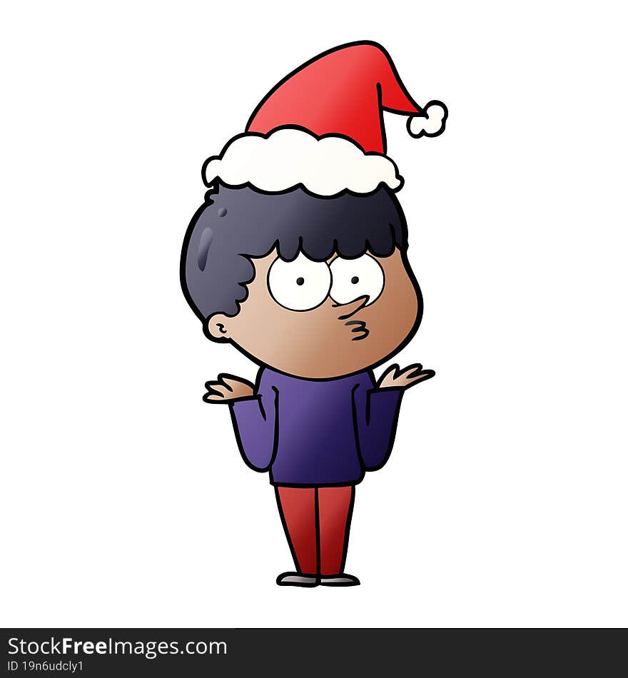 hand drawn gradient cartoon of a curious boy shrugging shoulders wearing santa hat