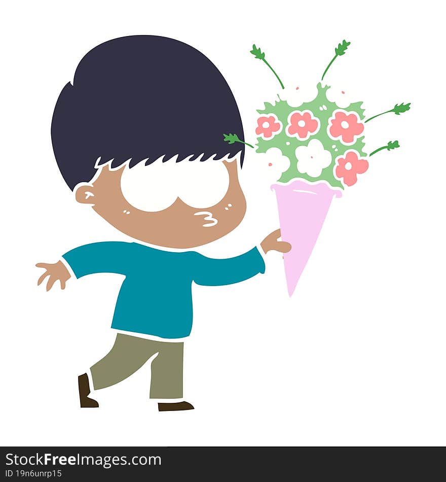 Nervous Flat Color Style Cartoon Boy With Flowers