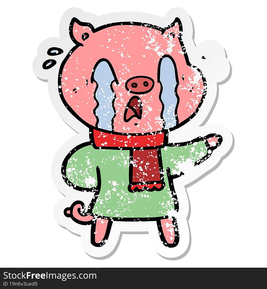 distressed sticker of a crying pig cartoon wearing human clothes