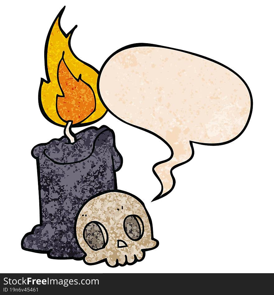 cartoon skull and candle with speech bubble in retro texture style