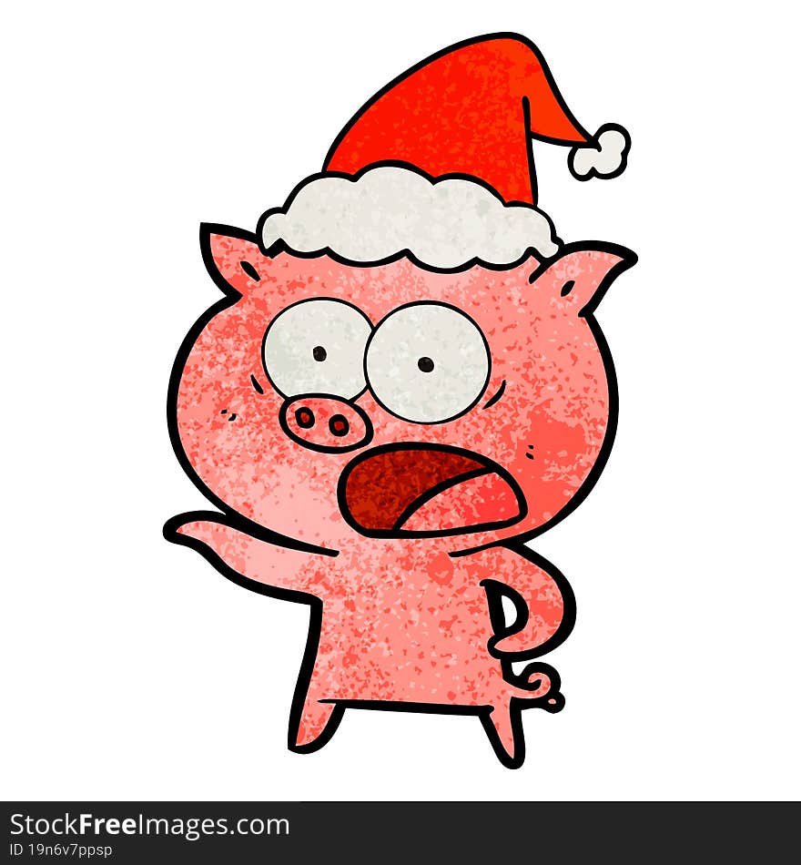 hand drawn textured cartoon of a pig shouting wearing santa hat