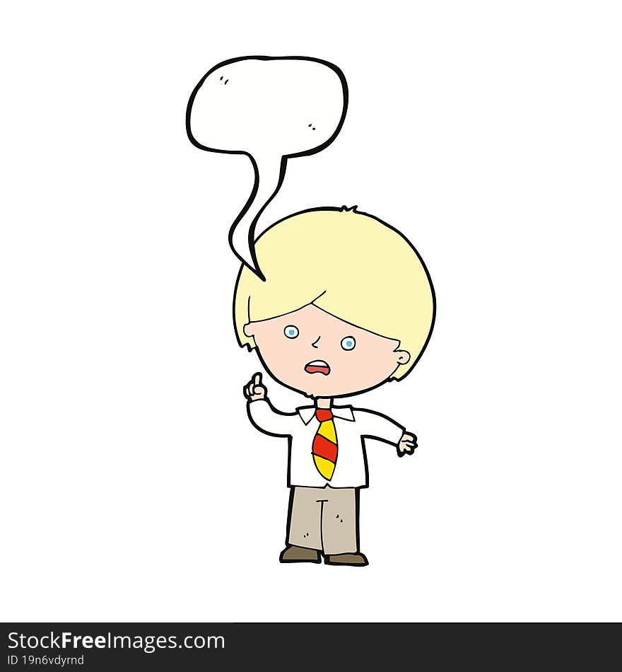 cartoon worried school boy raising hand with speech bubble