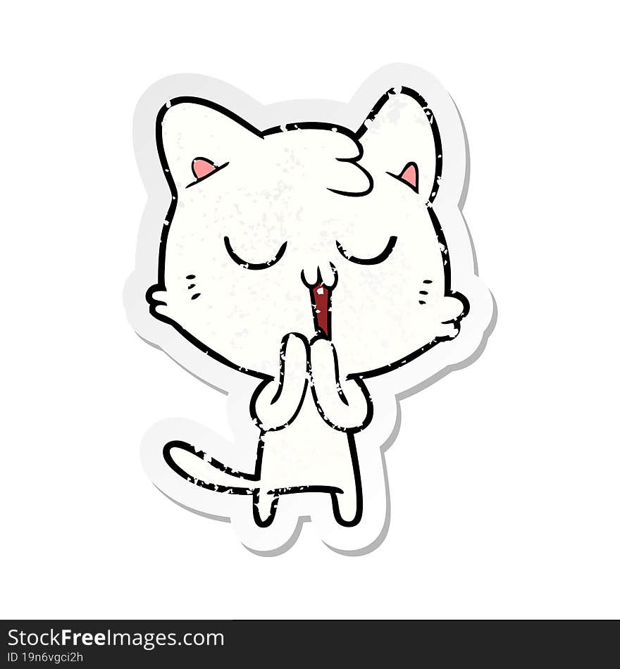 distressed sticker of a cartoon cat singing