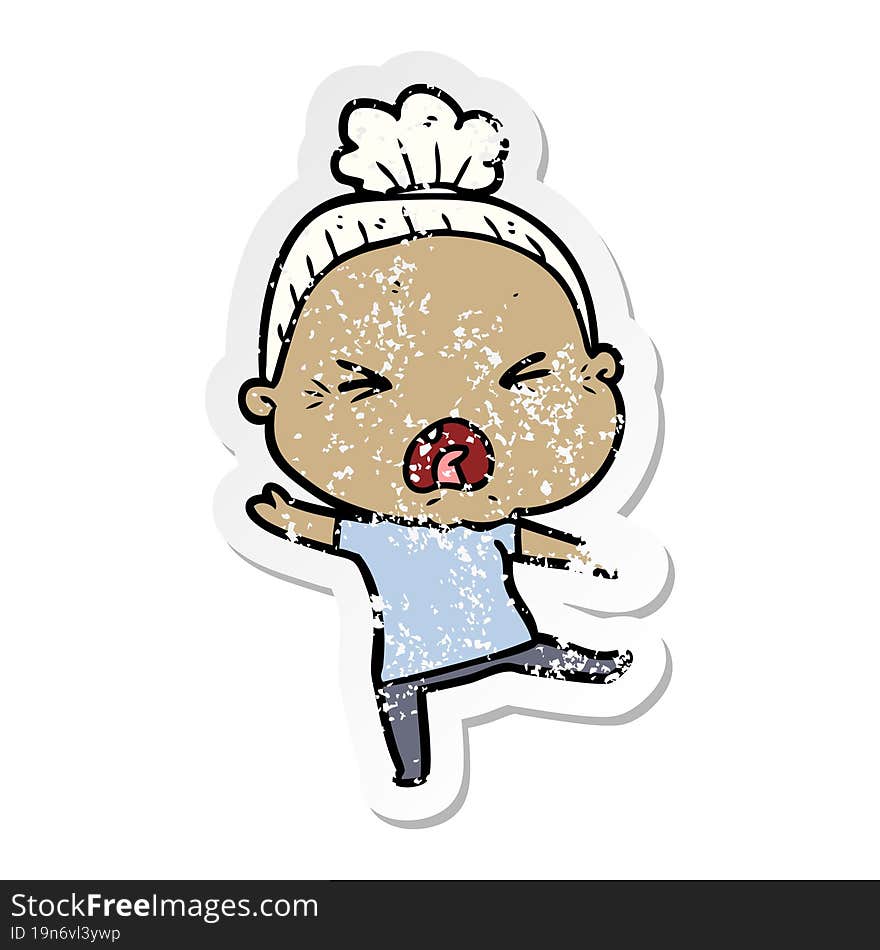 distressed sticker of a cartoon angry old woman