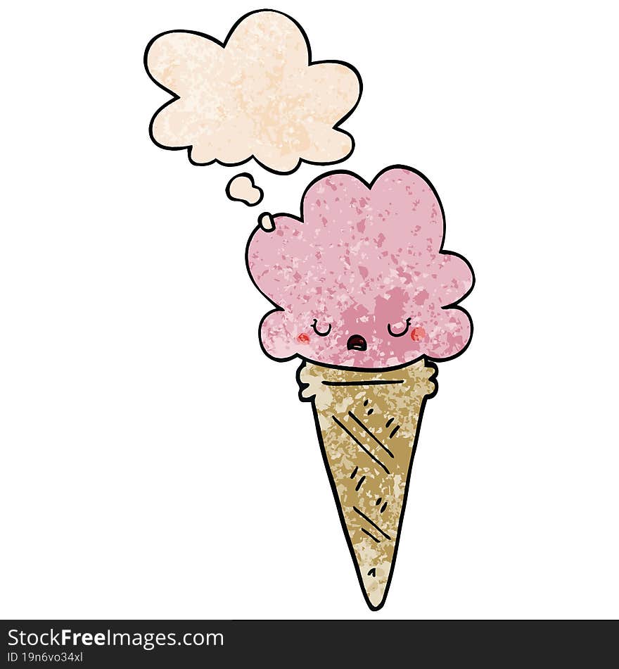 cartoon ice cream with face with thought bubble in grunge texture style. cartoon ice cream with face with thought bubble in grunge texture style