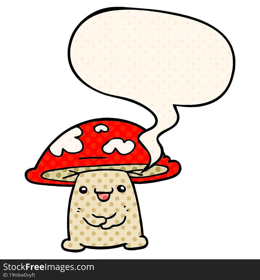 cartoon mushroom character and speech bubble in comic book style