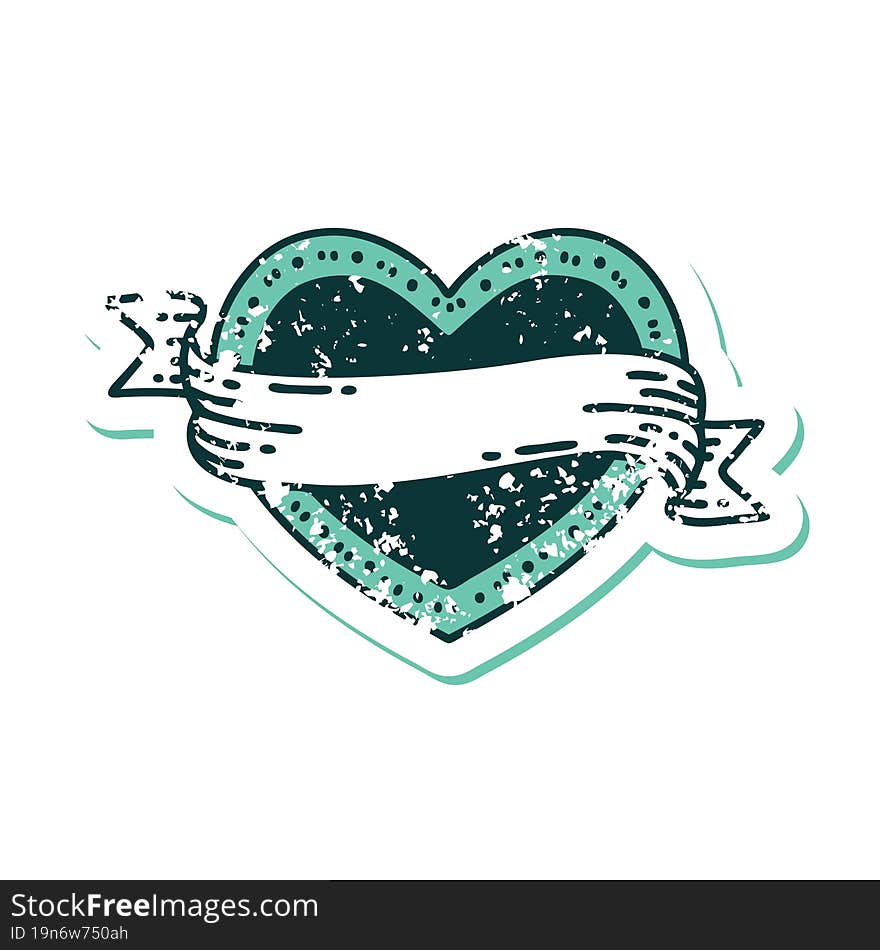 Distressed Sticker Tattoo Style Icon Of A Heart And Banner