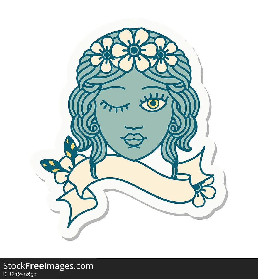 tattoo style sticker with banner of a maidens face winking