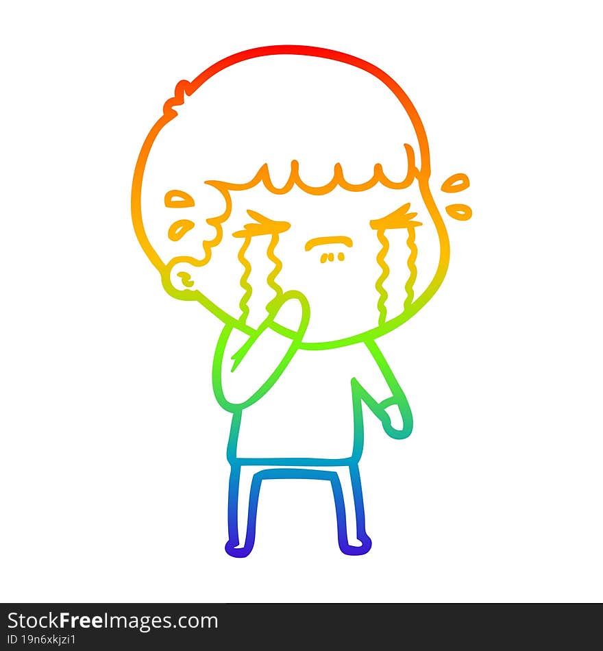 rainbow gradient line drawing of a cartoon man crying