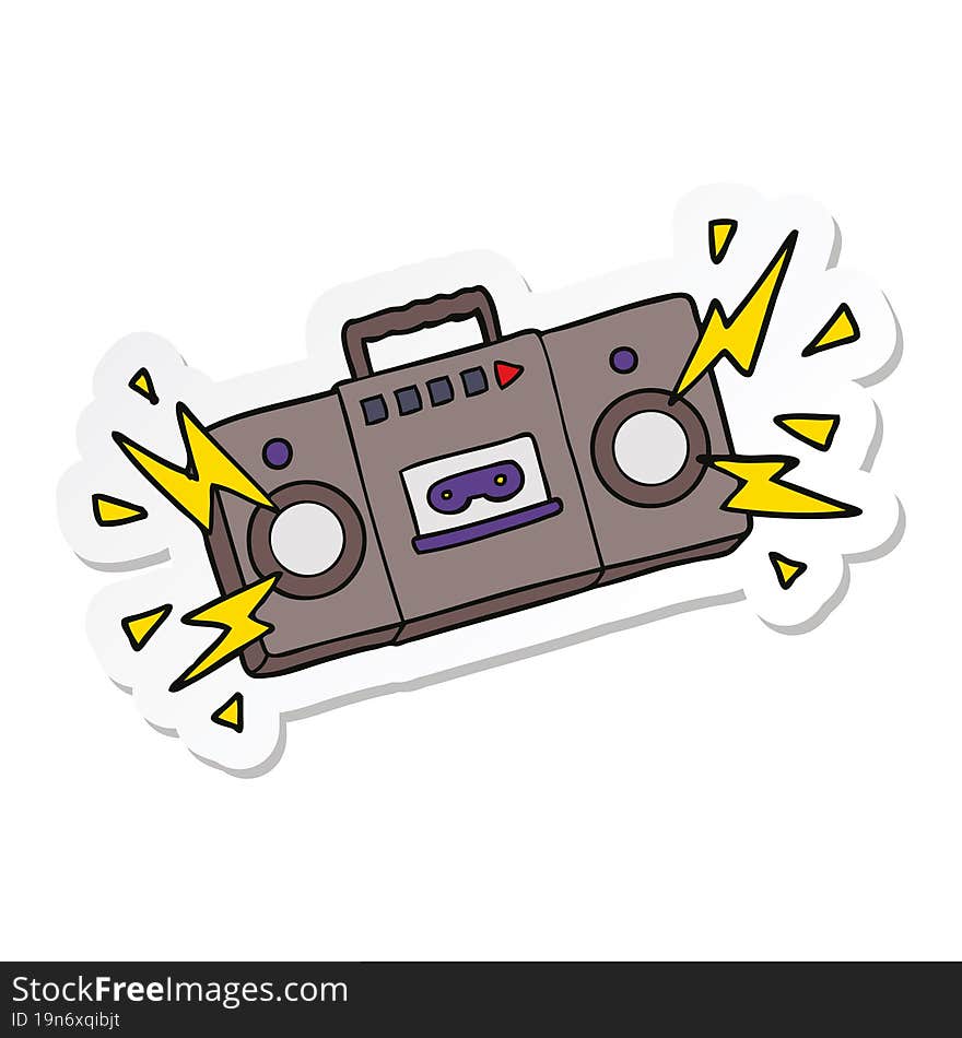 sticker of a retro cartoon tape cassette player blasting out old rock tunes