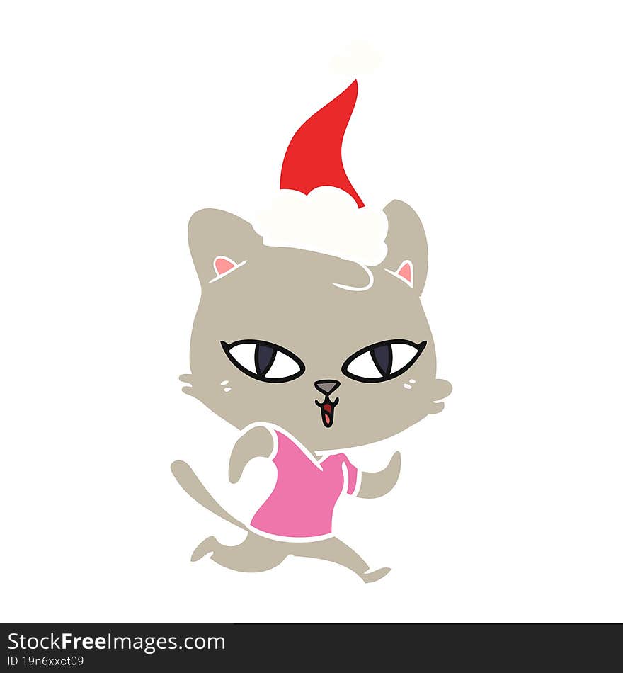 hand drawn flat color illustration of a cat out for a run wearing santa hat