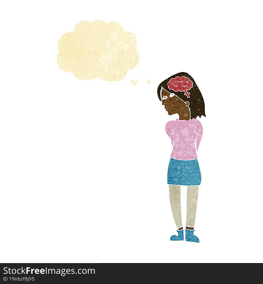 cartoon brainy woman with thought bubble