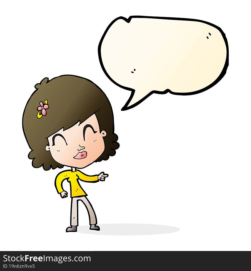 cartoon happy woman pointing with speech bubble