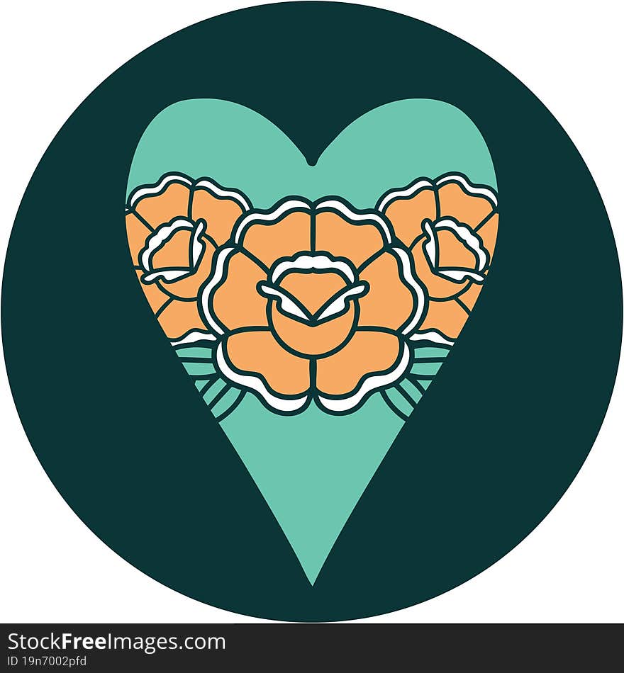 iconic tattoo style image of a heart and flowers. iconic tattoo style image of a heart and flowers