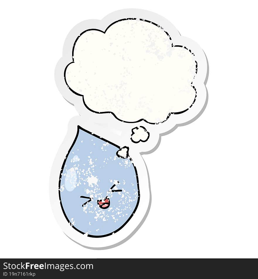 Cartoon Raindrop And Thought Bubble As A Distressed Worn Sticker