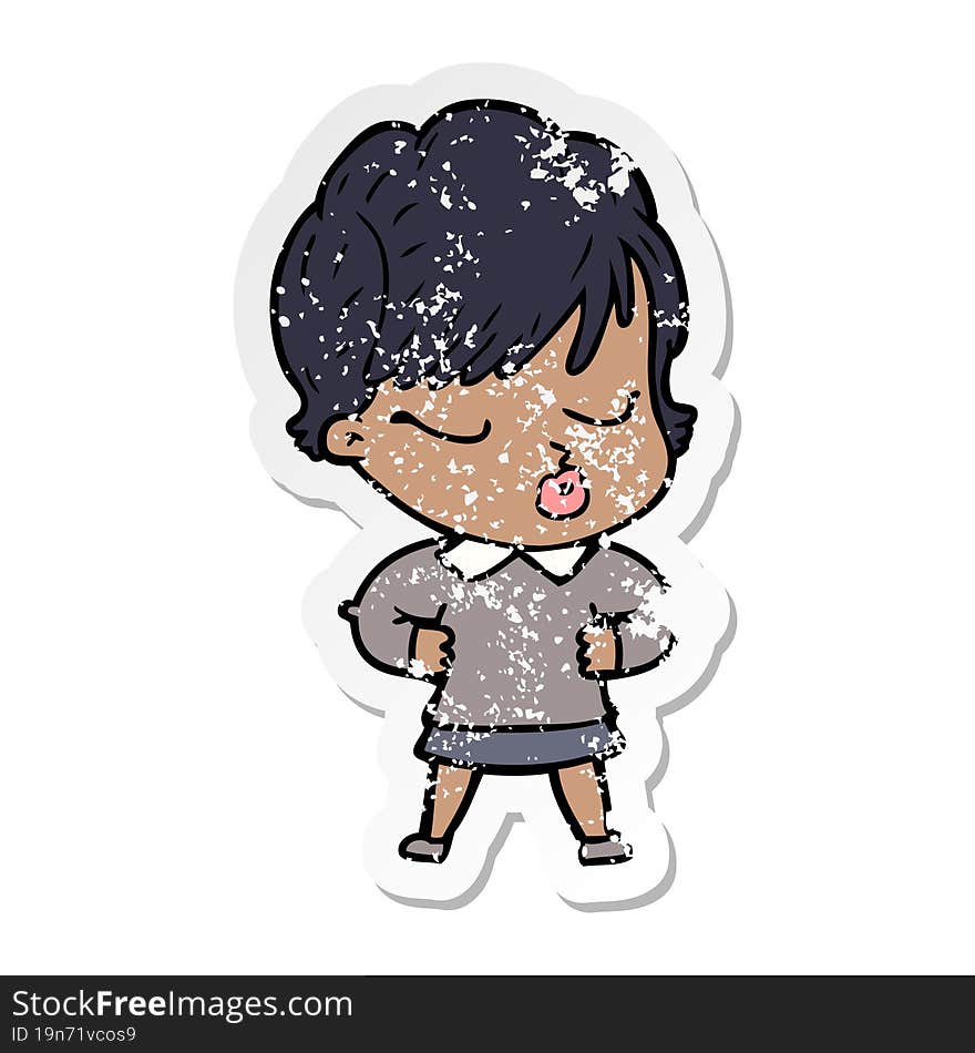 distressed sticker of a cartoon woman with eyes shut