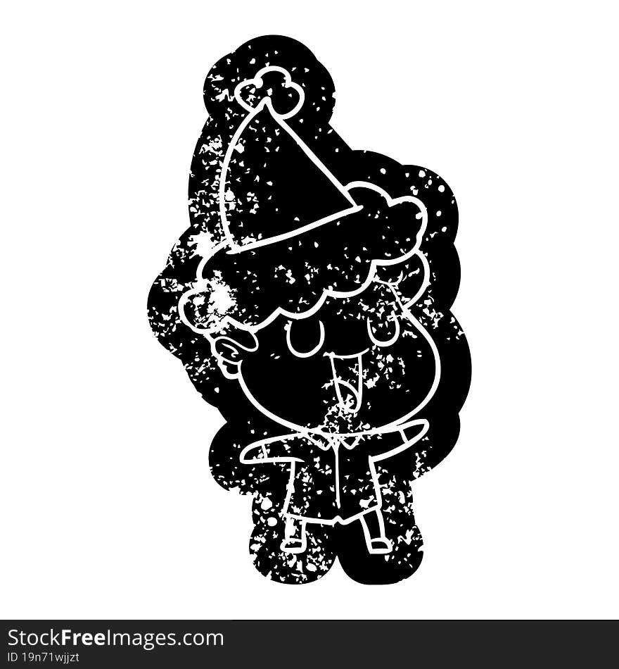 laughing cartoon distressed icon of a man wearing santa hat