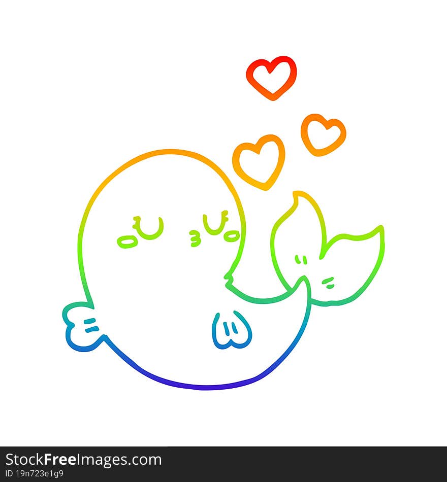 rainbow gradient line drawing of a cute cartoon whale in love