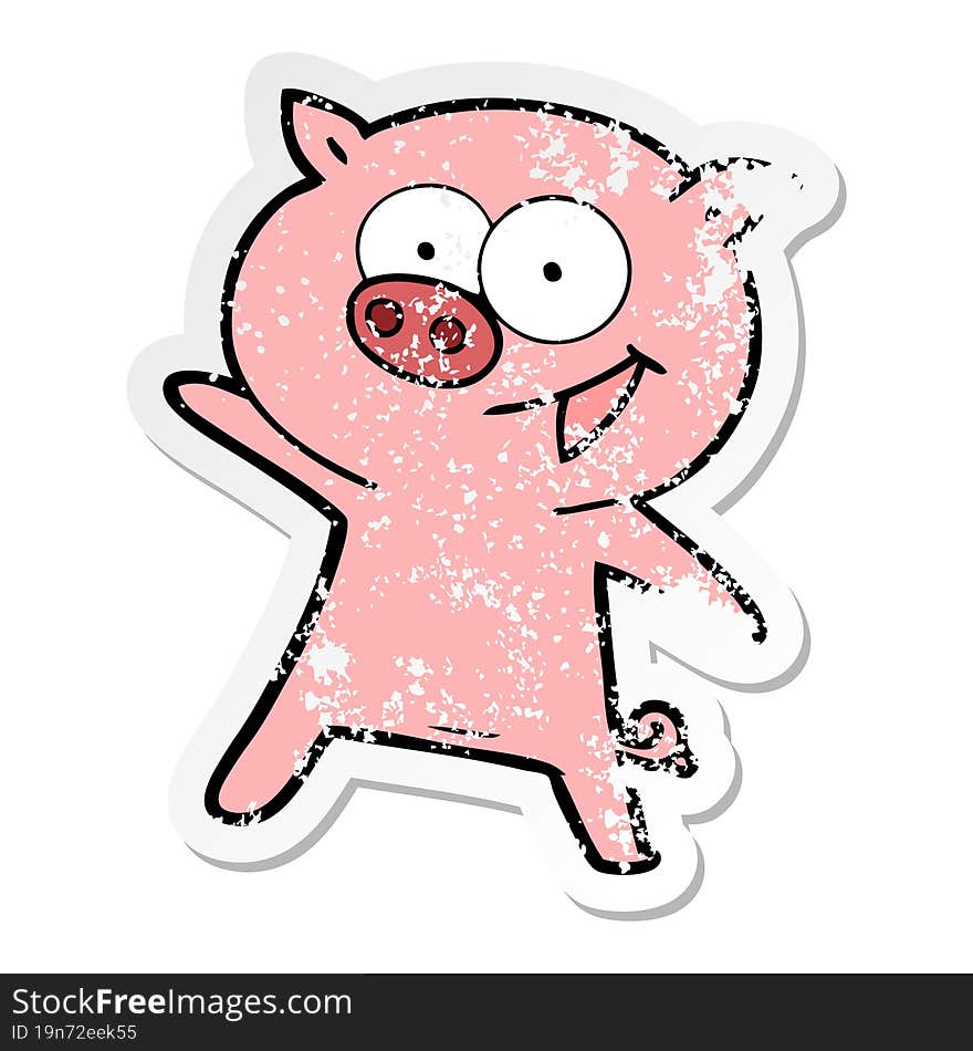 distressed sticker of a cheerful dancing pig cartoon