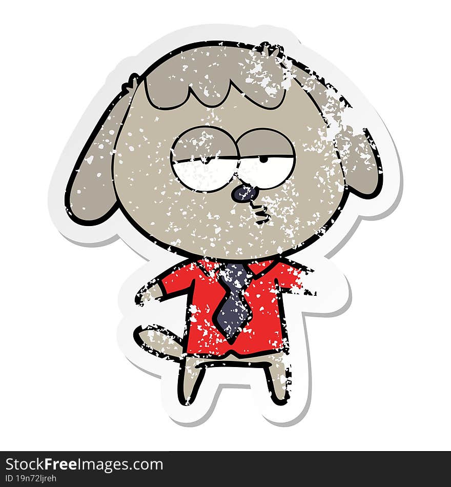 distressed sticker of a cartoon bored dog in office clothes