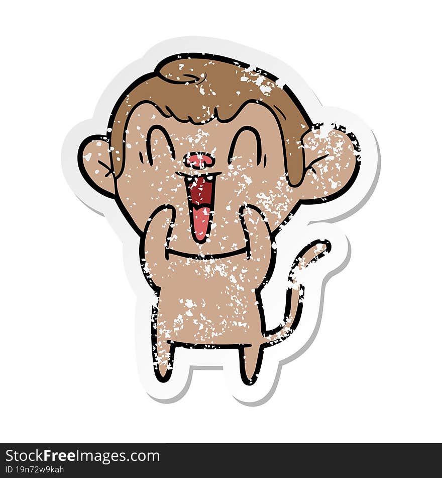 distressed sticker of a cartoon laughing monkey