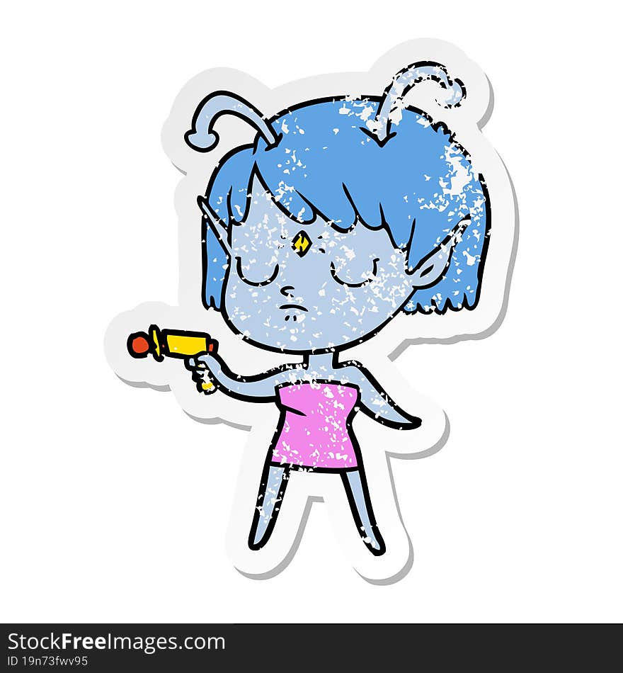 distressed sticker of a cartoon alien girl